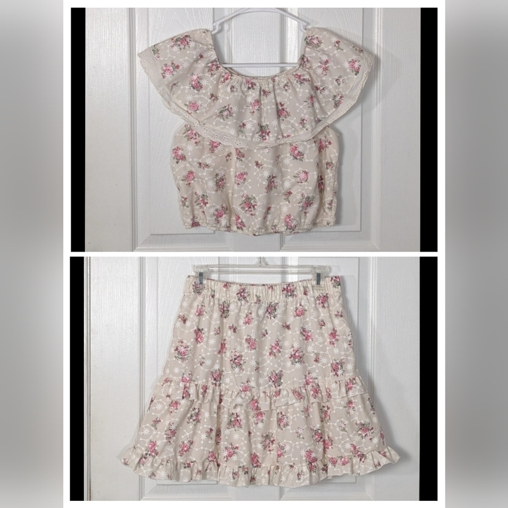 Like-New By&By Girl 2-Piece Adorable Matching Pink Floral Skirt Set‎ Size 16